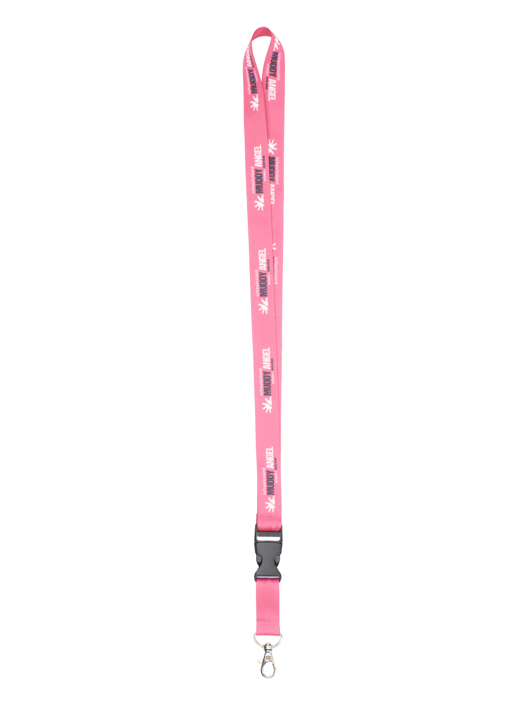 Langes, pinkes Schlüsselband mit Muddy Angel Aufdruck in Weiß und Schwarz, schwarzem Klickverschluss und Metallclip.