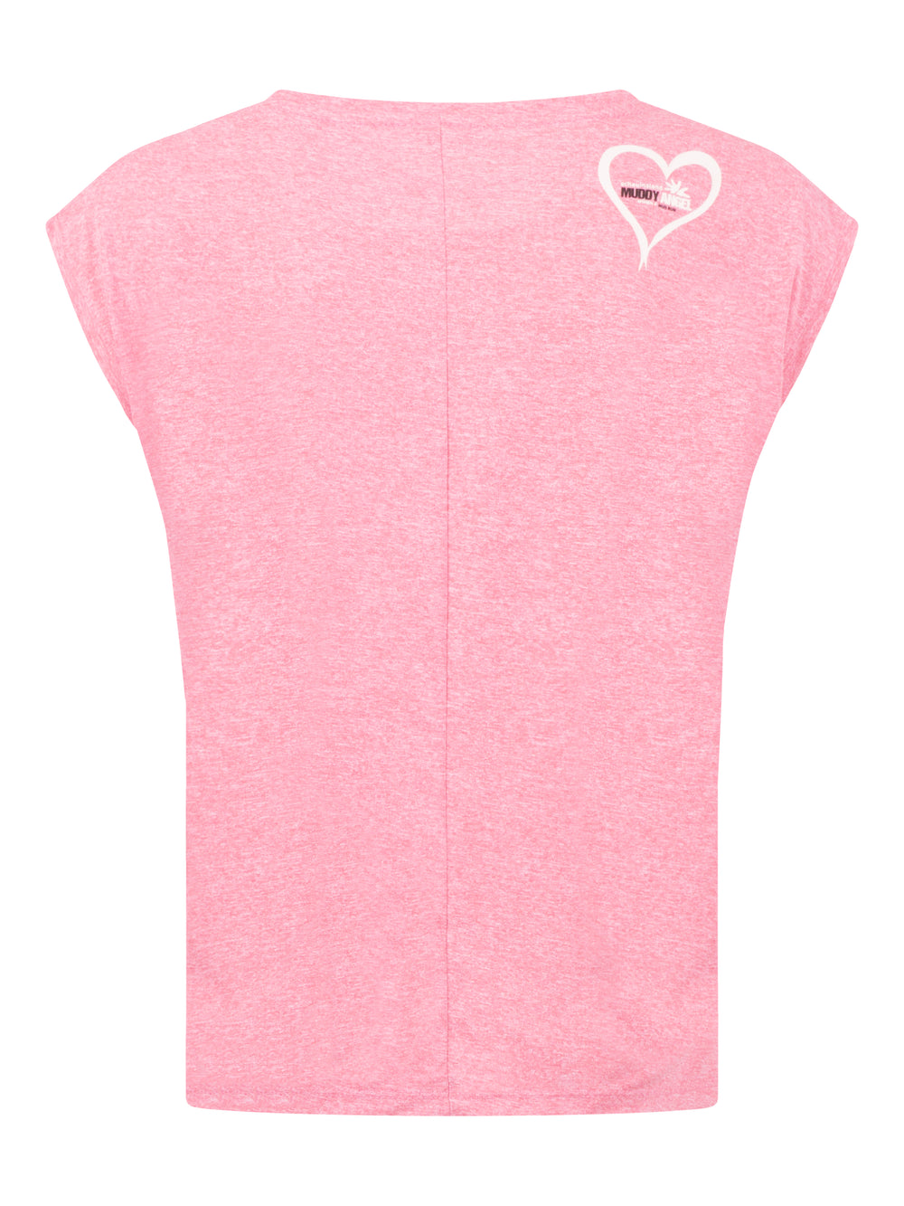Rückseite des rosa T-Shirts mit kleinem Herzsymbol und Muddy Angel Logo im Schulterbereich rechts.