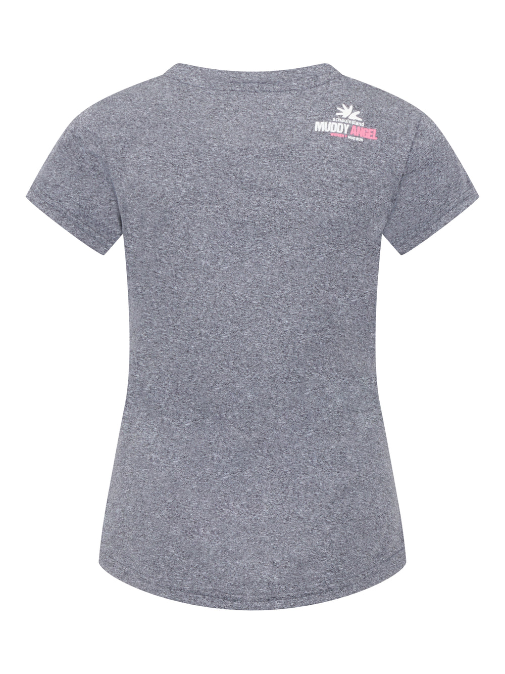 Rückansicht des T-Shirts mit kleinem Muddy Angel Logo im Schulterbereich. Der Rest des Shirts ist schlicht grau meliert.