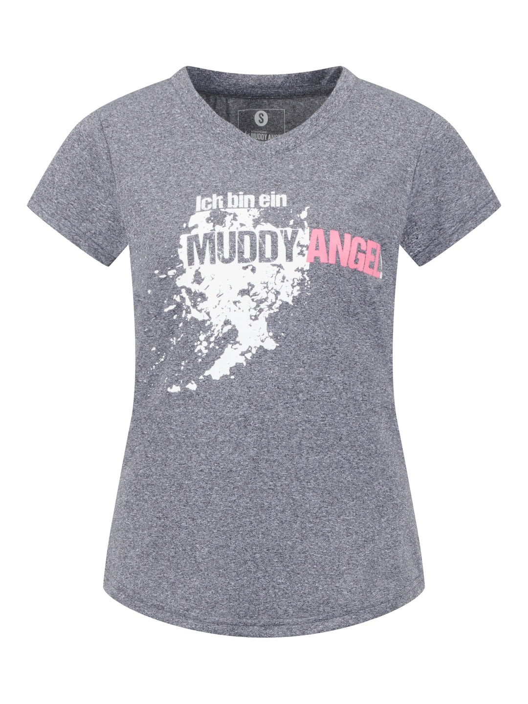 Dunkelgraues Damen-T-Shirt mit V-Ausschnitt. Aufdruck: „Ich bin ein MUDDY ANGEL“ mit weißer Schlammspritzer-Grafik und pinker Hervorhebung.