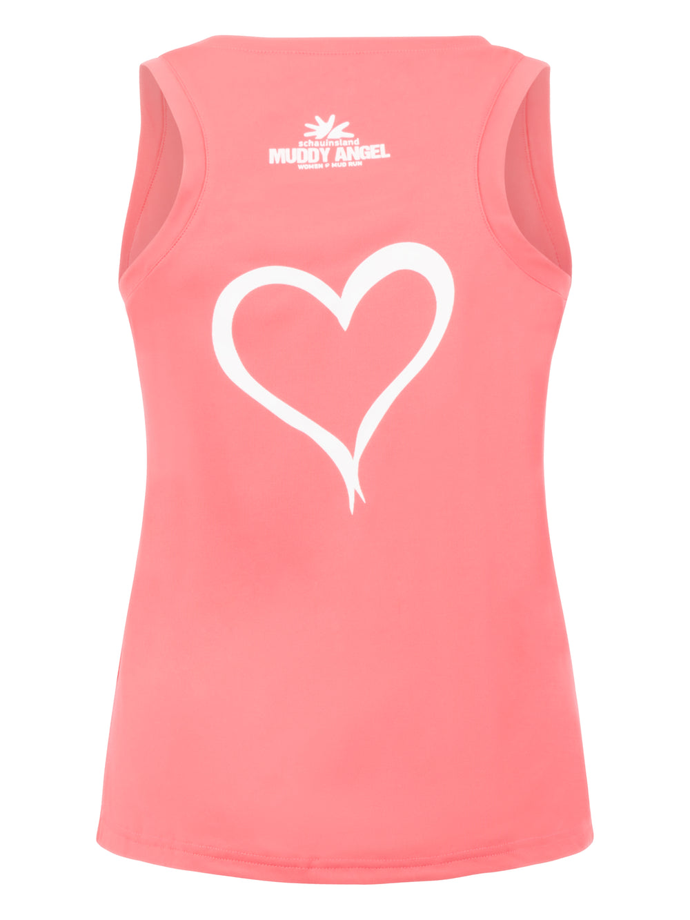 Rückseite des pinkes Tanktops mit großem weißen Herzmotiv in der Mitte und kleinem Muddy Angel Logo im oberen Nackenbereich.
