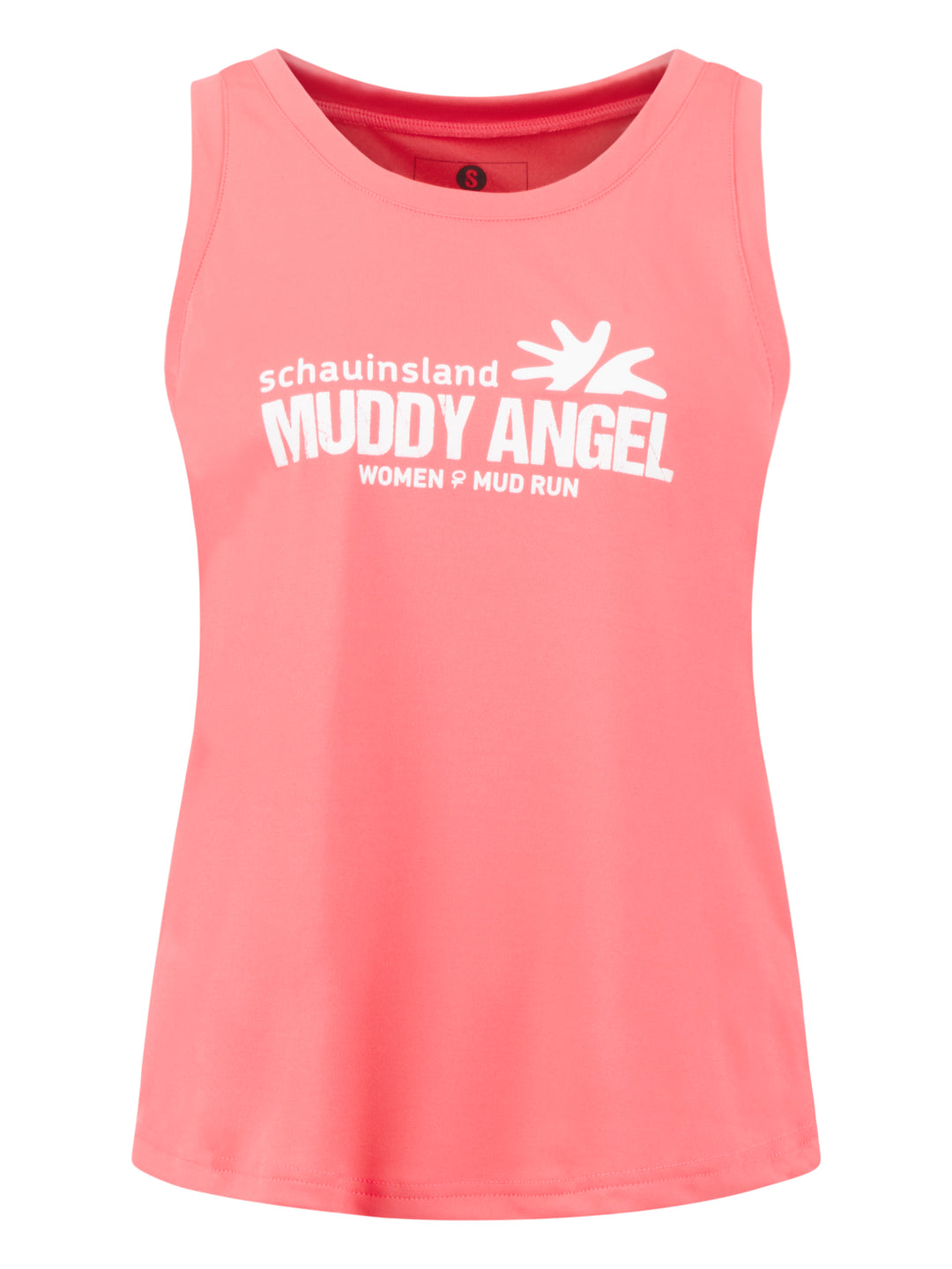 Ärmelloses, pinkes Muddy Angel Tanktop mit Rundhalsausschnitt. Auf der Brust weißes Logo: „schauinsland MUDDY ANGEL – Women’s Mud Run“.