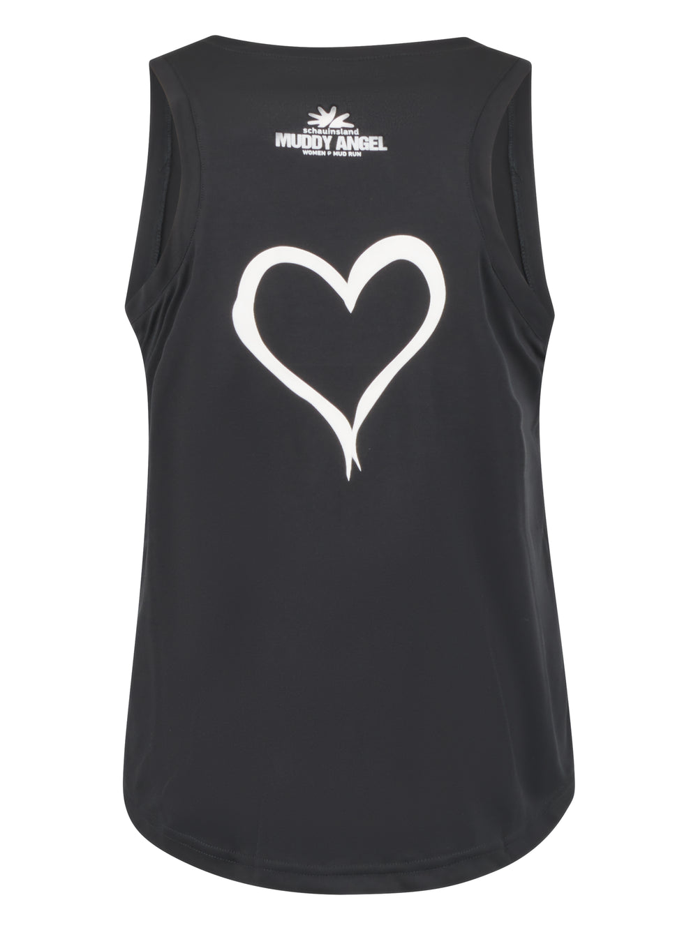 Rückseite des schwarzen Sporttops mit weißem Herzsymbol und kleinem Muddy-Angel-Logo im Nackenbereich.
