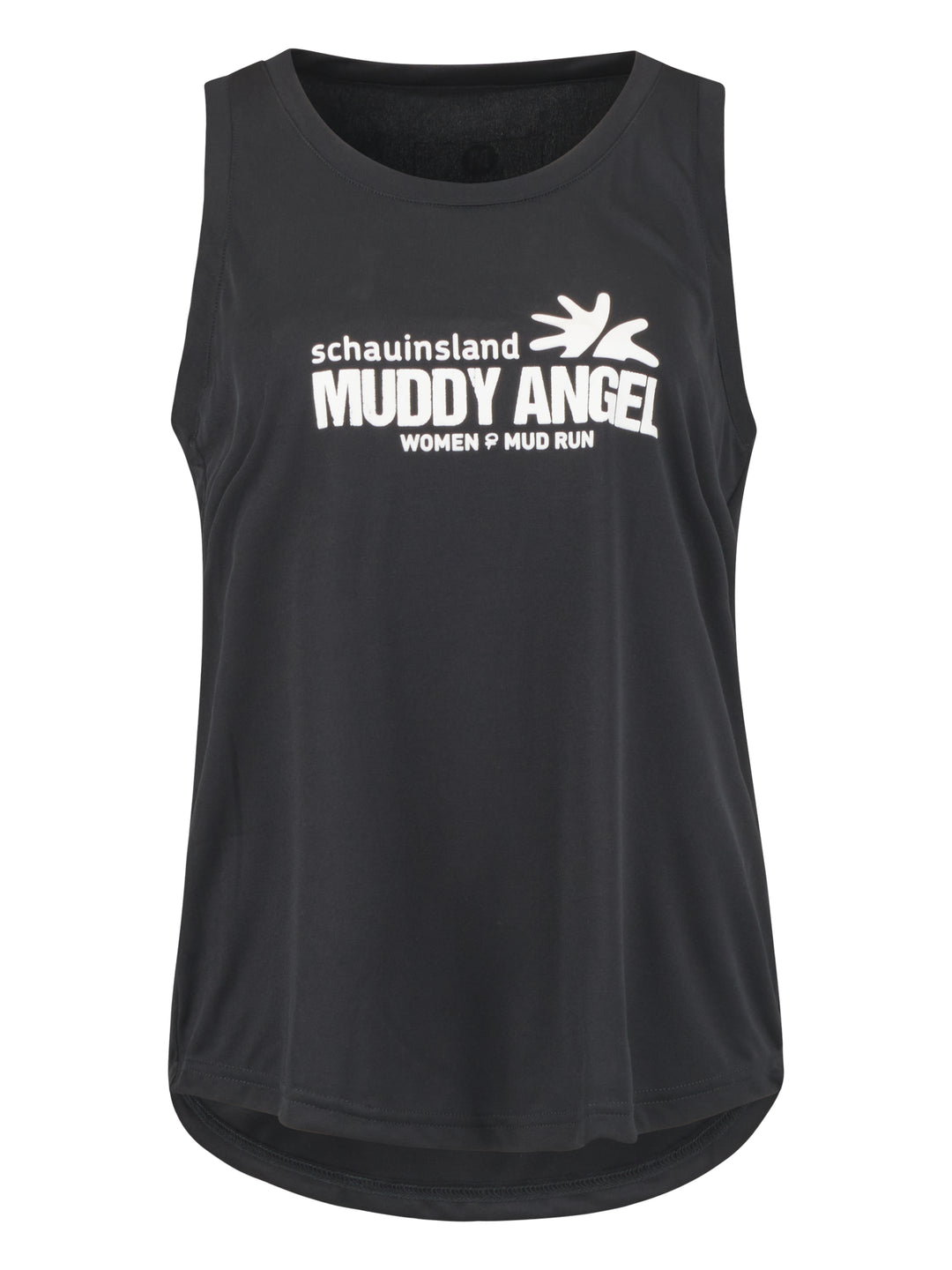 Schwarzes ärmelloses Sporttop mit weißem „Muddy Angel – Women Mud Run“-Logo auf der Brust.