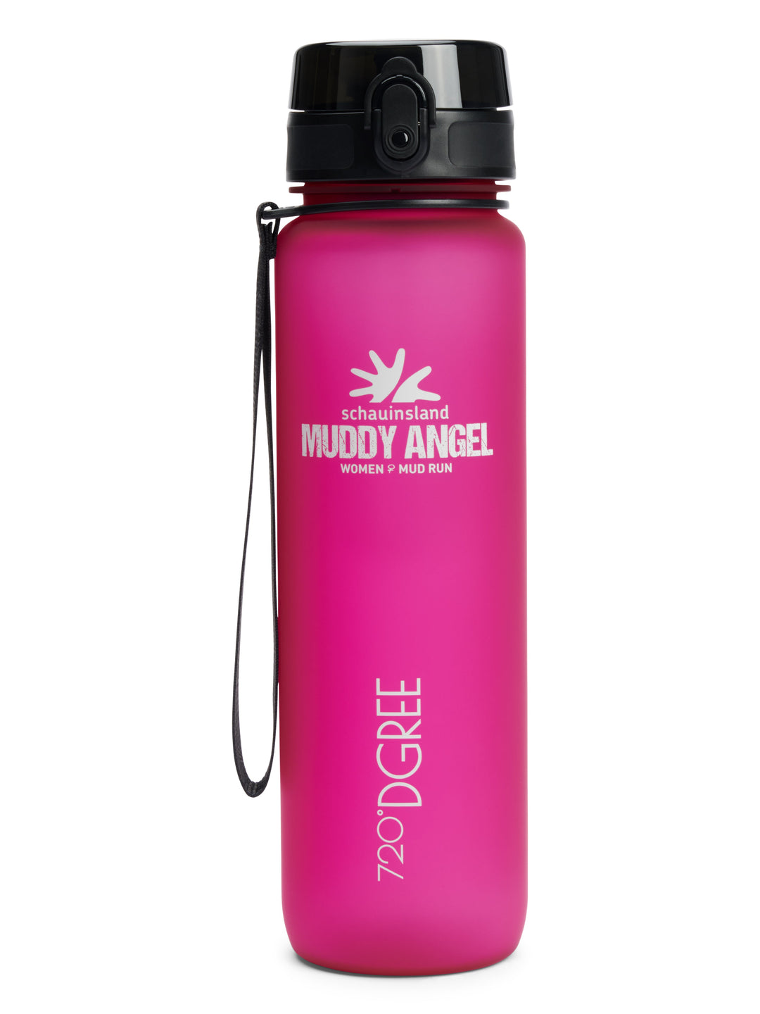 Pinkfarbene Trinkflasche mit Muddy-Angel-Logo und schwarzem Deckel, 720°DGREE-Aufdruckutdoor.