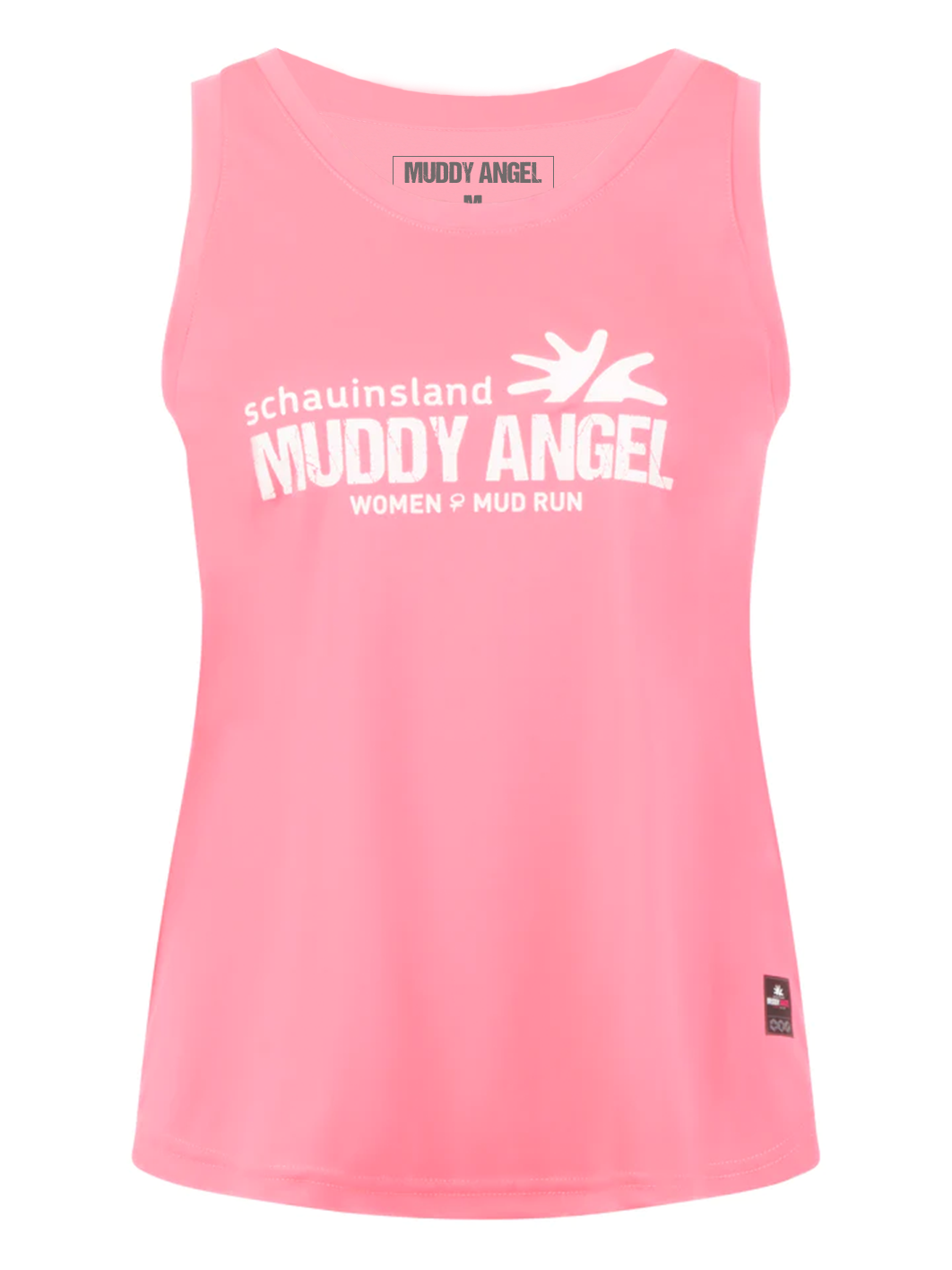 Ärmelloses pinkes Funktionsshirt mit Muddy-Angel-Schriftzug auf der Vorderseite.