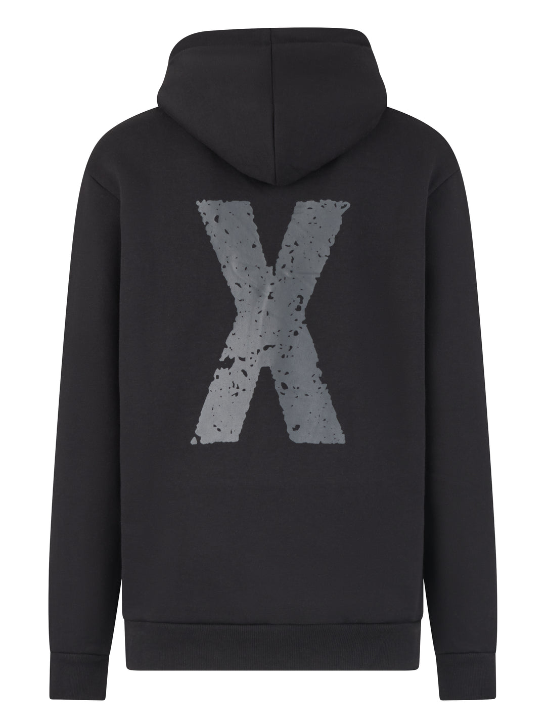 Rückseite des schwarzen Kinder-Hoodies mit großem grauen „X“ im Used-Look auf dem Rücken.