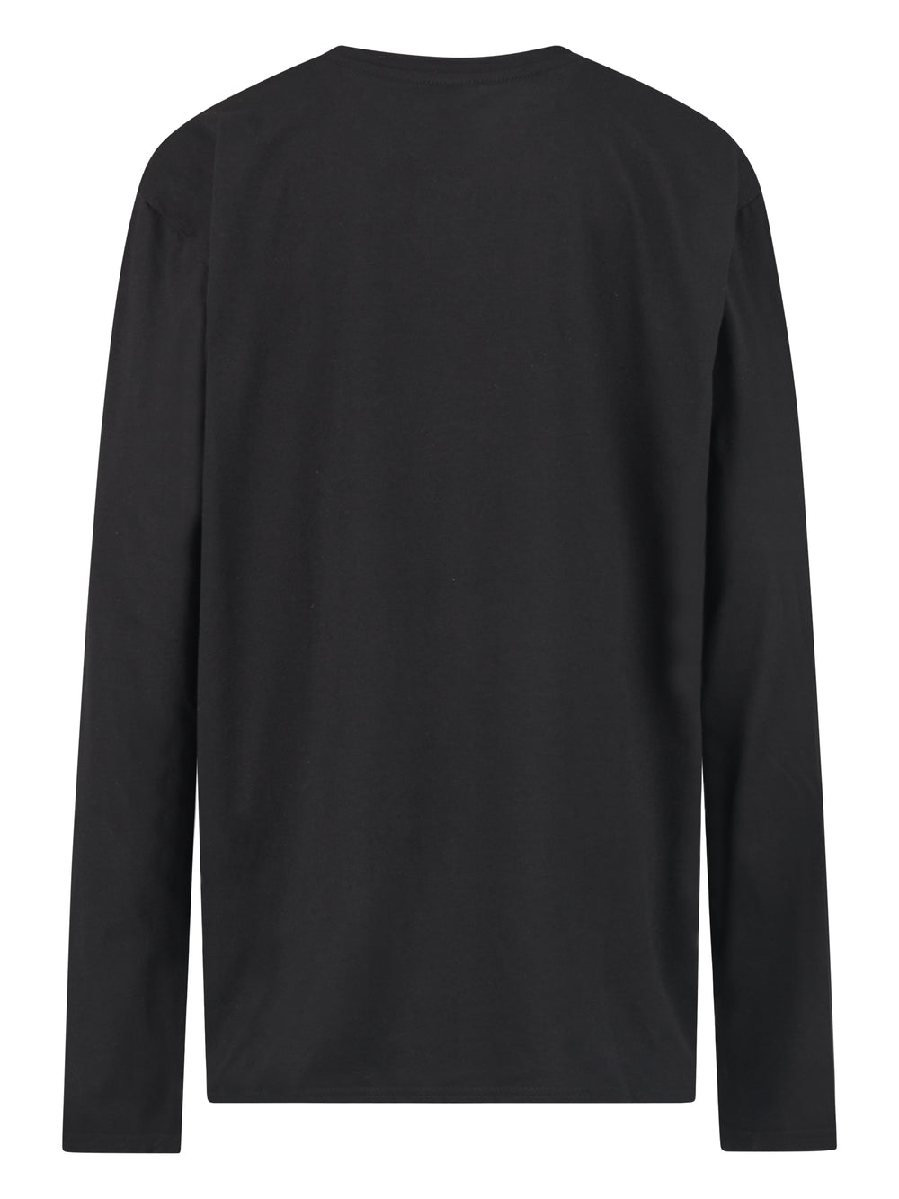 Rückansicht eines schlichten, schwarzen Langarmshirts ohne Aufdruck.