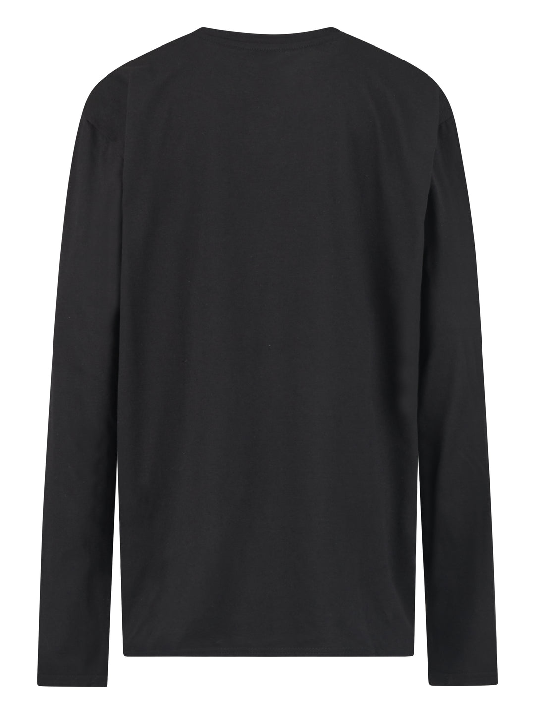 Rückansicht eines schlichten, schwarzen Langarmshirts ohne Aufdruck.