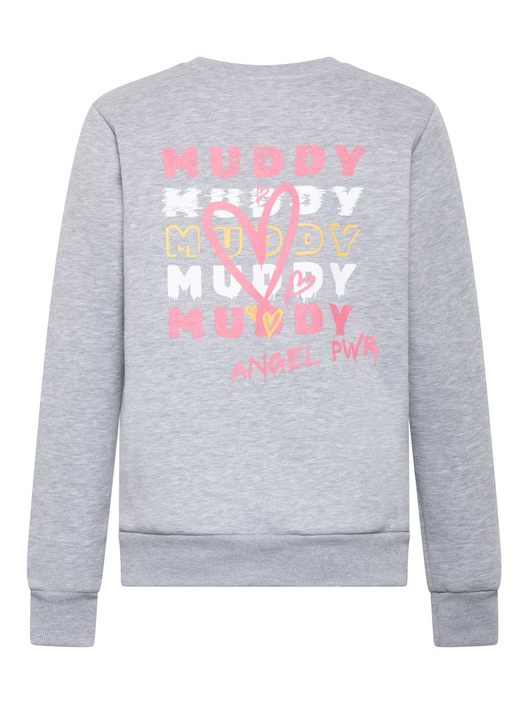 Rückseite des grauen Muddy Angel Sweaters mit buntem „MUDDY“ und pinkem „ANGEL PWR“-Schriftzug.