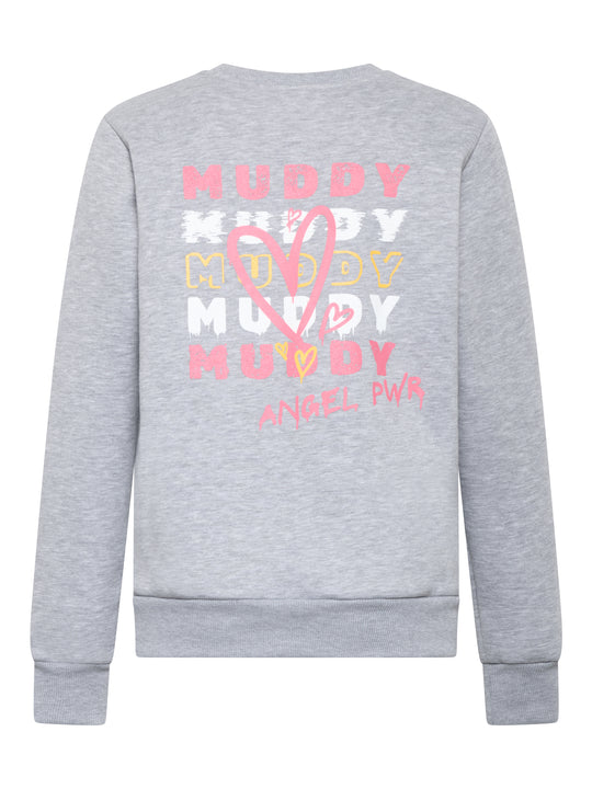 Rückseite des grauen Muddy Angel Sweaters mit buntem „MUDDY“ und pinkem „ANGEL PWR“-Schriftzug.