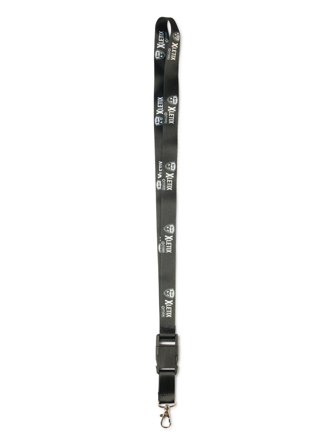Schwarzes Schlüsselband mit weißen XLETIX-Logos, schwarzem Klickverschluss und silbernem Karabinerhaken.