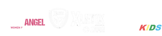 Logos von drei XLETIX-Veranstaltungen: links „Muddy Angel – Women’s Mud Run“ in Pink und Weiß, in der Mitte „XLETIX Challenge – presented by Maxi Nutrition“, rechts „XLETIX Kids“ mit farbigem KIDS-Schriftzug.