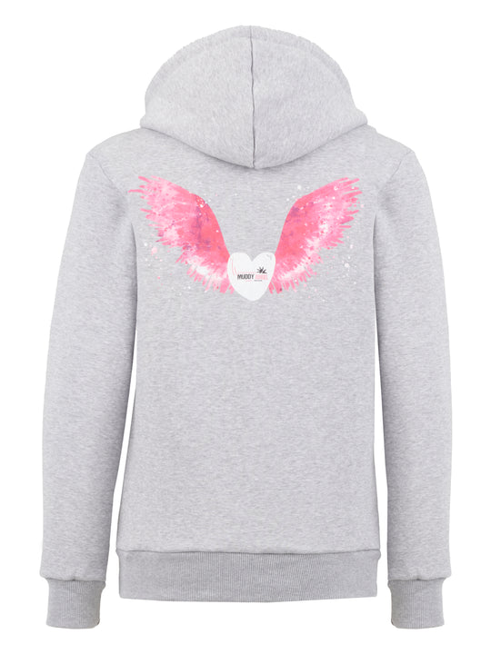 Rückseite des grauen Hoodies mit pinken Flügeln und weißem Herz mit Muddy Angel Logo in der Mitte.