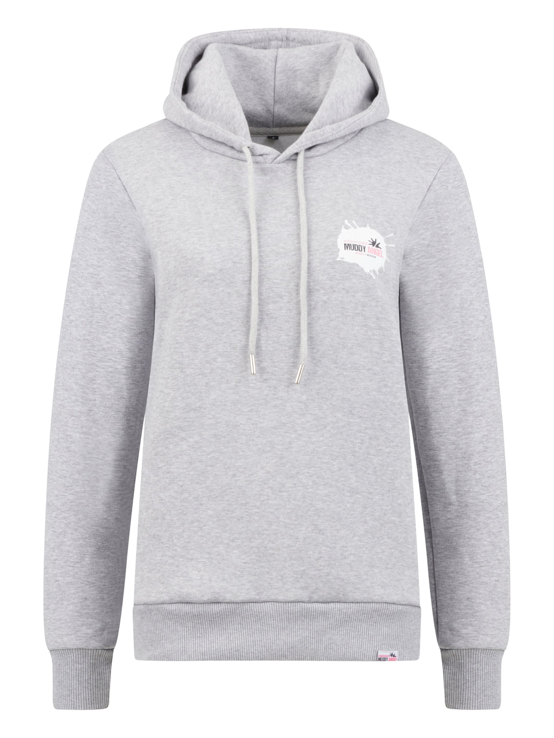 Grauer Kapuzenpullover mit kleinem Muddy Angel Logo in Brusthöhe, weißen Kordeln und schlichten Bündchen.

