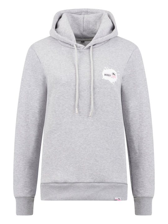 Grauer Hoodie mit kleinem Muddy Angel Logo auf der Brust, weißen Kordeln und schlichten Bündchen.