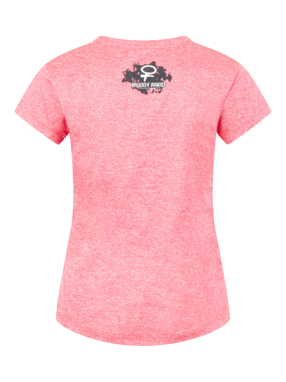 Rückseite des pink-melierten T-Shirts mit kleinem schwarzen "Muddy Angel"-Logo samt Venus-Symbol oben.
