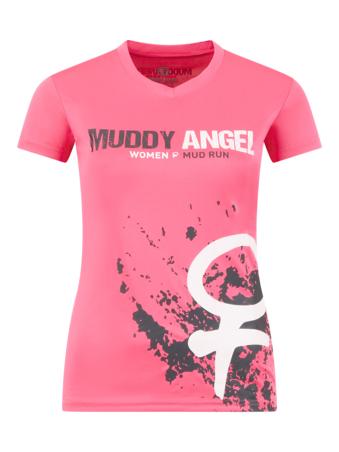 Kurzes pinkes T-Shirt mit Muddy-Angel-Logo und großem weißen Frauensymbol.