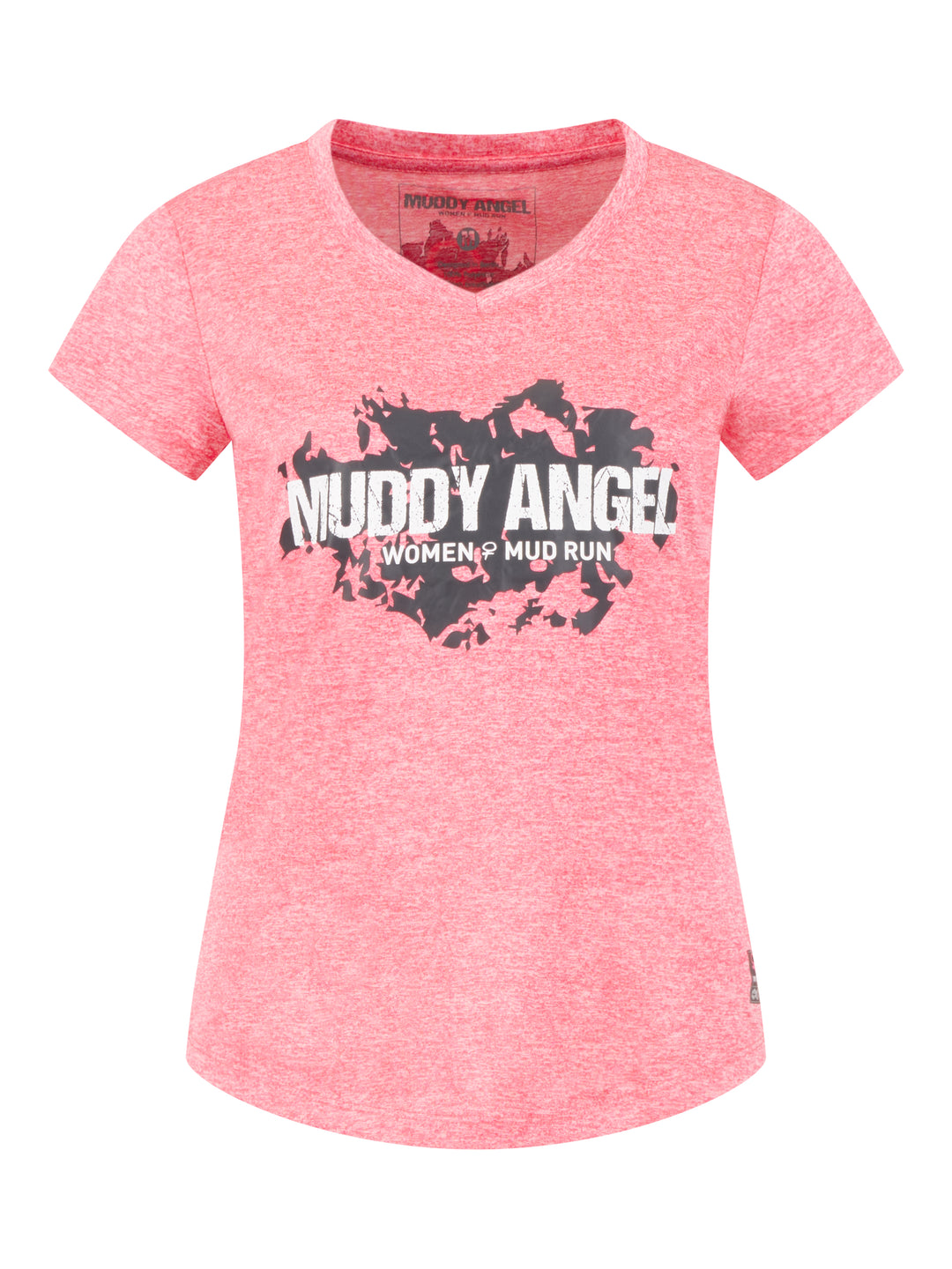Pink-meliertes T-Shirt mit großem schwarzen Aufdruck "Muddy Angel – Women Mud Run", Farbspritzer-Design mittig.