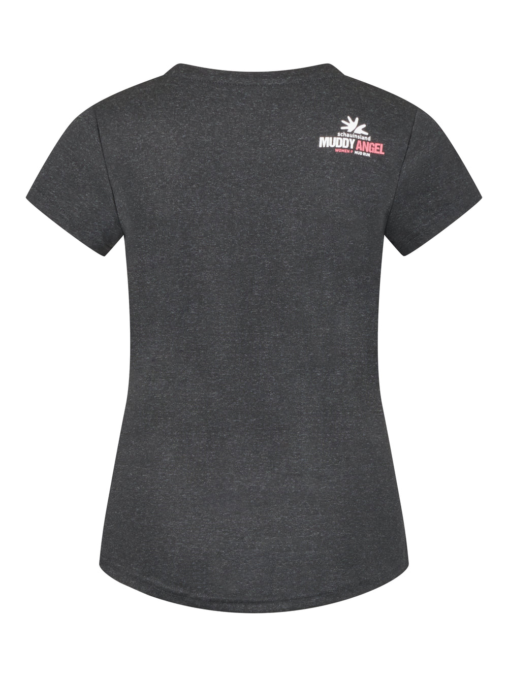Rückseite des gleichen dunkelgrauen T-Shirts mit kleinem "Muddy Angel"-Logo links oben.