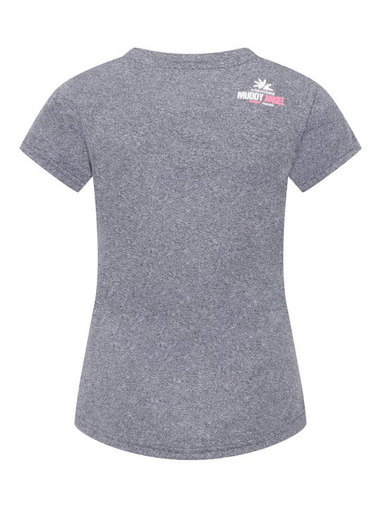 Rückseite des Shirts mit kleinem Muddy Angel Logo an der Schulter, sonst schlicht grau meliert.