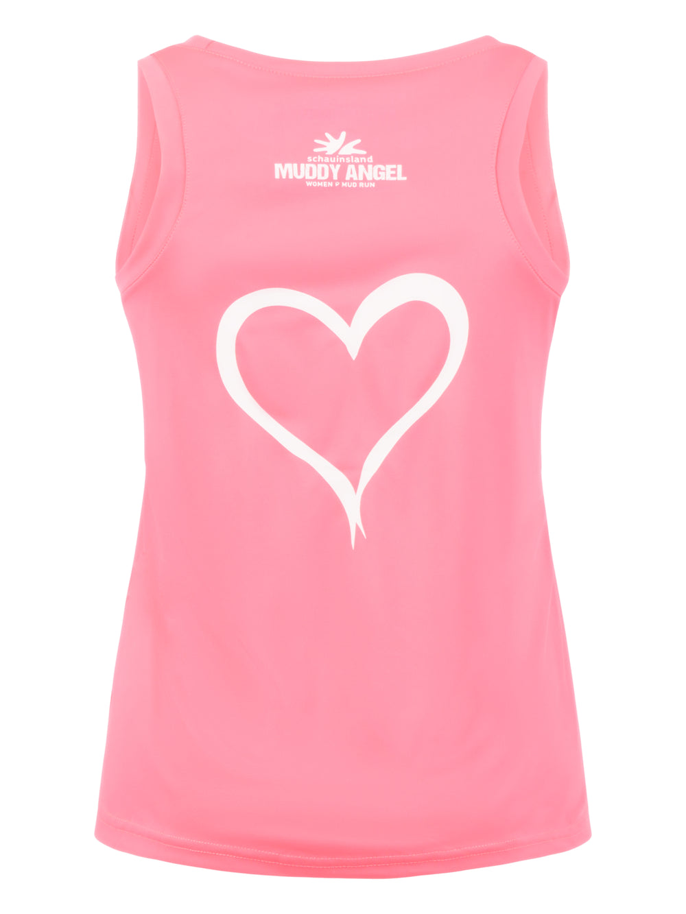 Rückseite des pinken Tanktops mit weißem Herzmotiv in der Mitte.