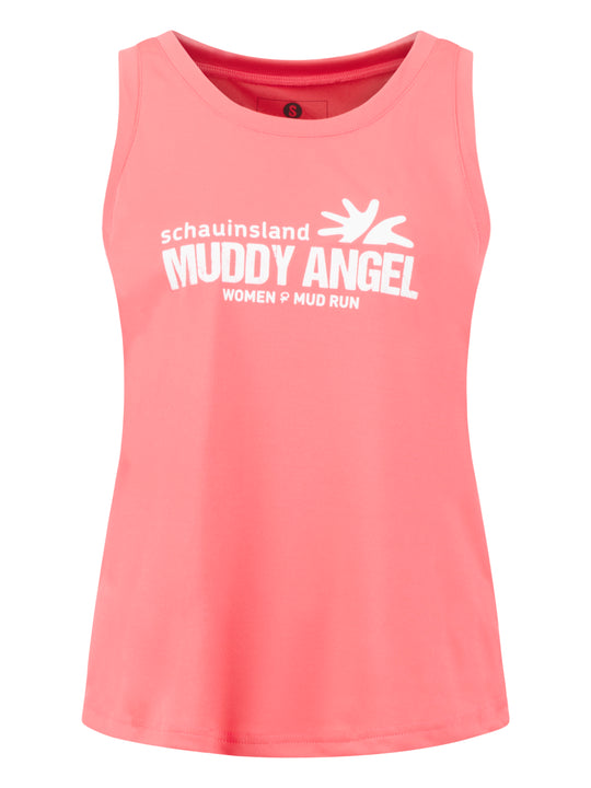 Pinkes ärmelloses Muddy Angel Tanktop mit Rundhals und weißem Logoaufdruck auf der Brust.