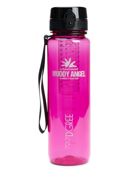Pinke 720°DGREE-Flasche mit schwarzem Klappverschluss, Muddy Angel Logo und 650-ml-Skala.