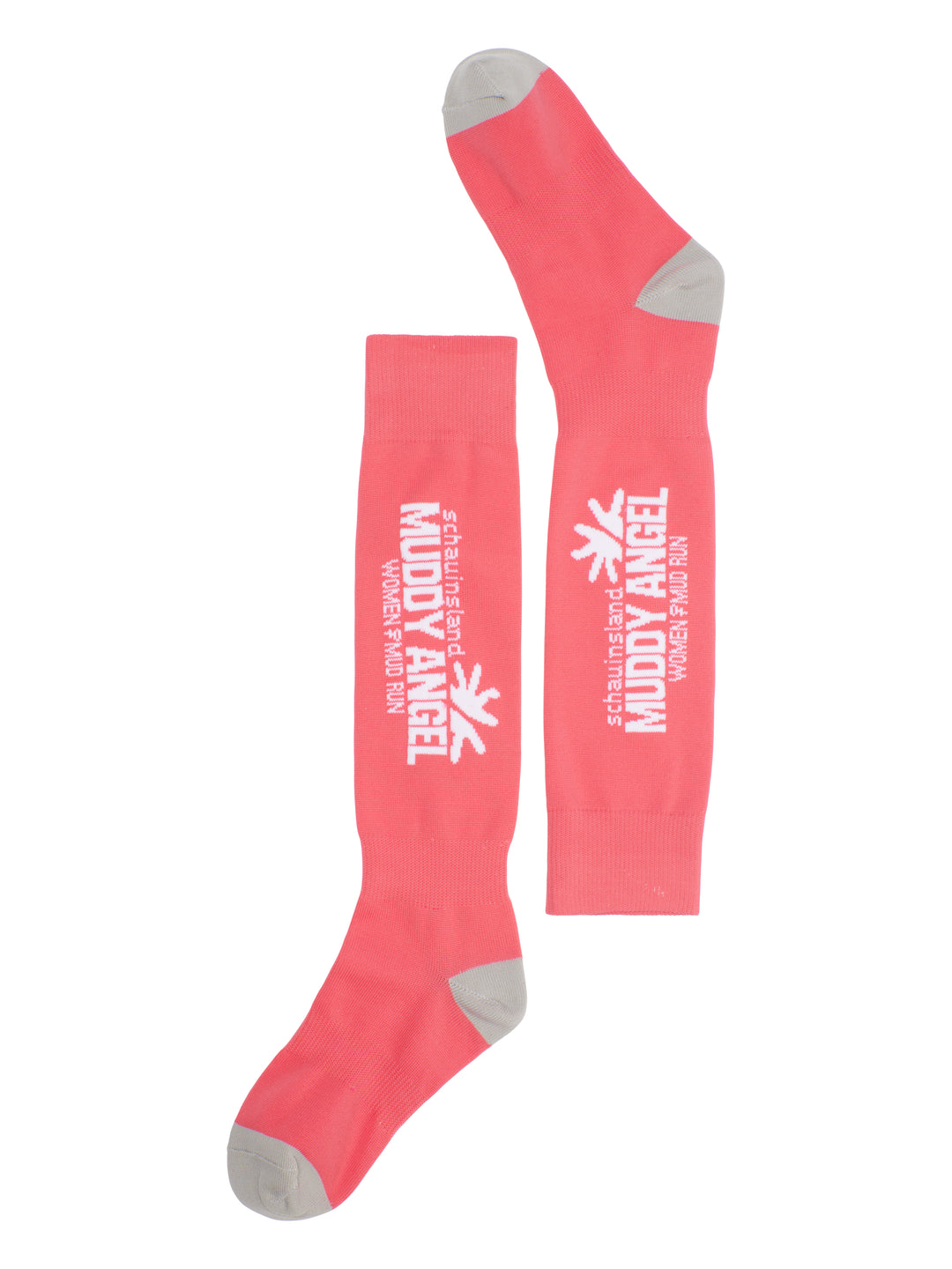 Zwei pinke Muddy Angel Kniestrümpfe mit weißem Logo, grau an Ferse und Zehen, überkreuzt gelegt.