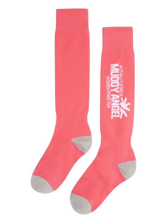 Pinkfarbene Kniestrümpfe mit grauen Spitzen, weißen Muddy Angel Schriftzug und grauen Sohlen.