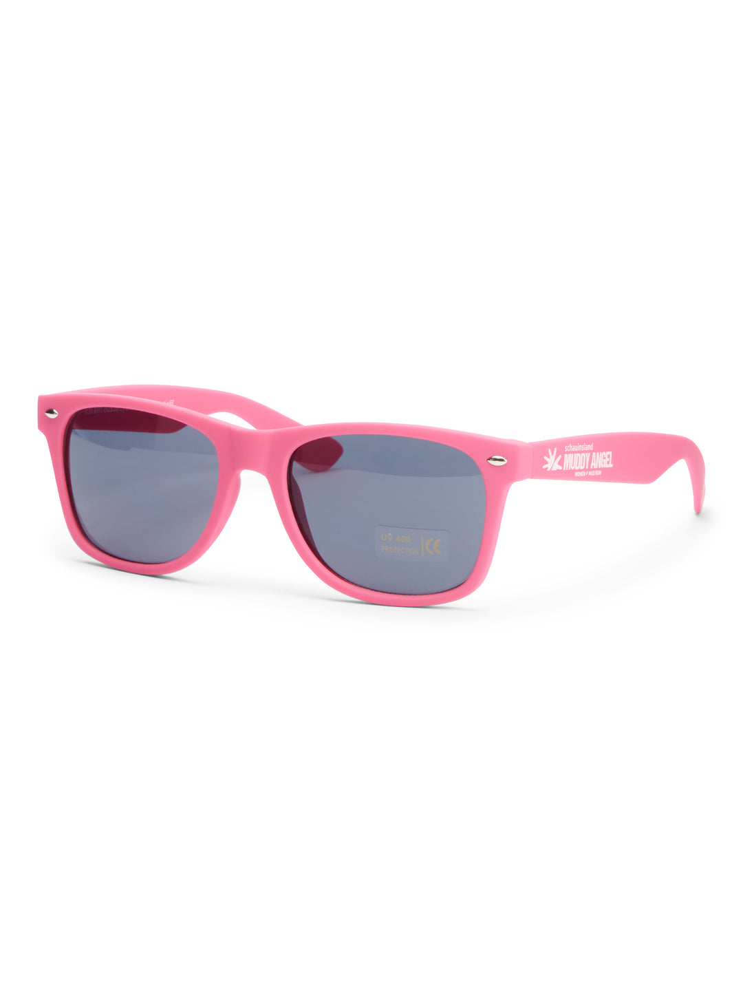 Pinke Sonnenbrille im Retro-Stil mit dunklen Gläsern. Auf dem Bügel befindet sich das Muddy Angel Logo.