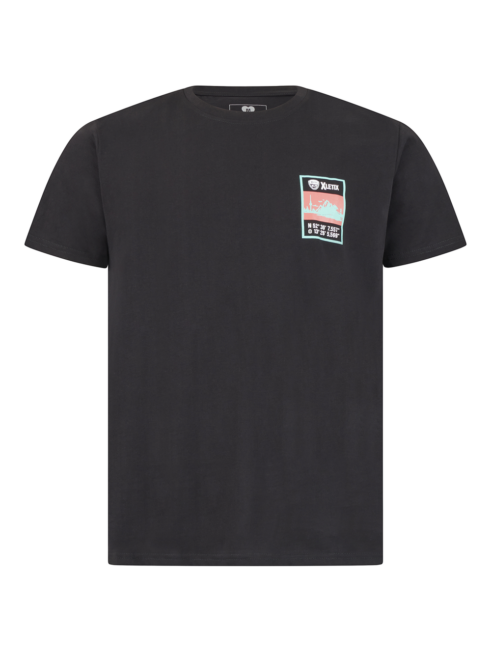 Schwarzes T-Shirt mit kleinem quadratischem Motiv in Rosa und Türkis links auf der Brust, inkl. Skyline und Koordinaten