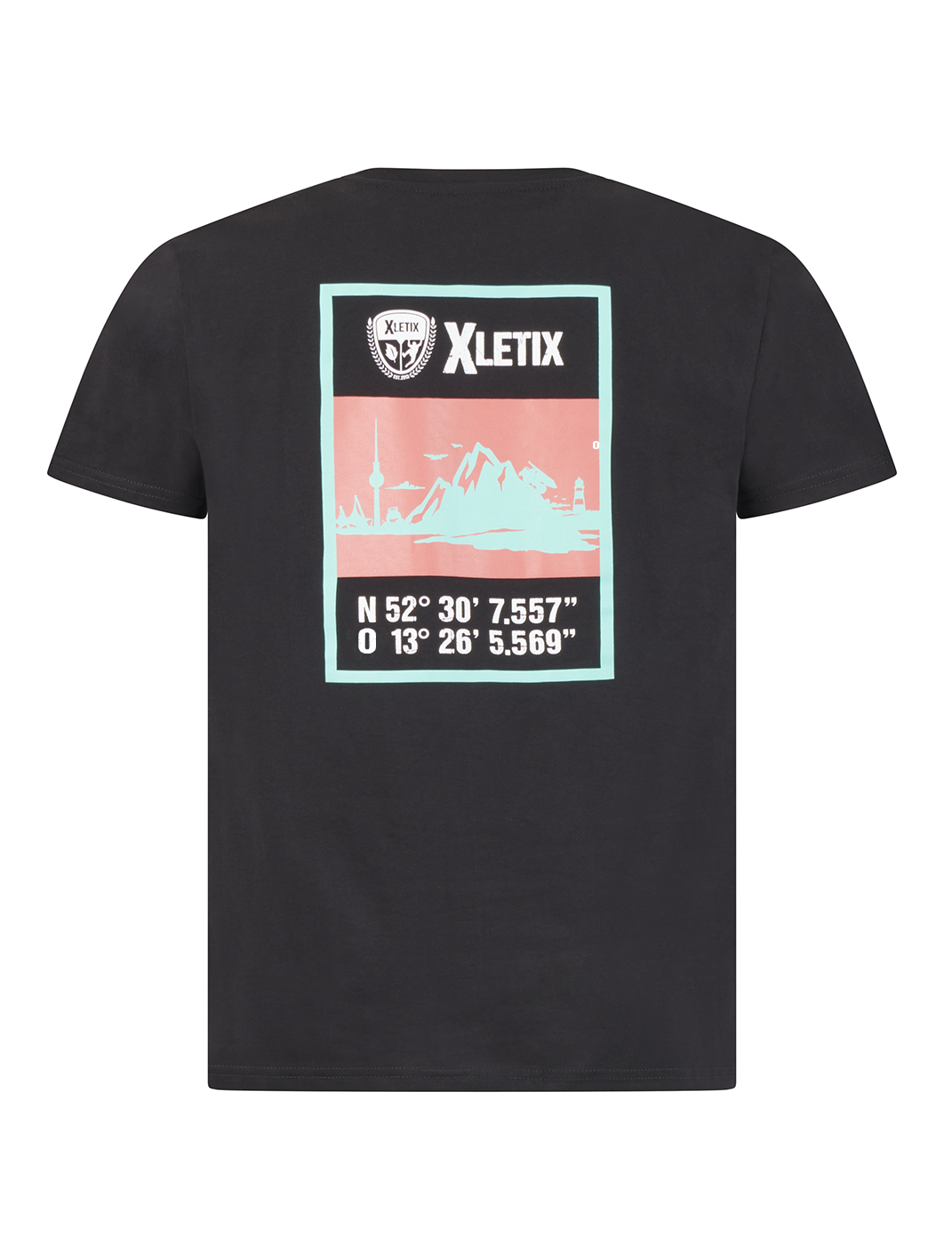 Schwarzes T-Shirt mit großem quadratischem Motiv in Rosa und Türkis auf dem Rücken, das eine Skyline und Koordinaten darstellt