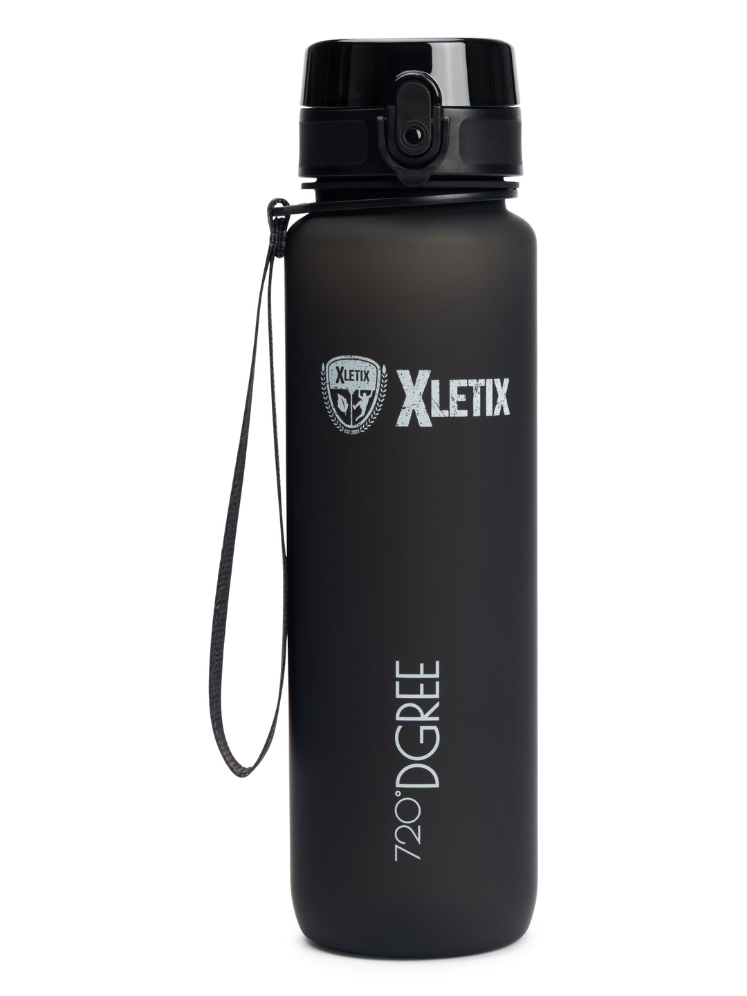 Mattschwarze Sportflasche mit klappbarem Ausguss, Band zum Tragen, weißem XLETIX-Logo und vertikalem „720°DGREE“-Schriftzug.