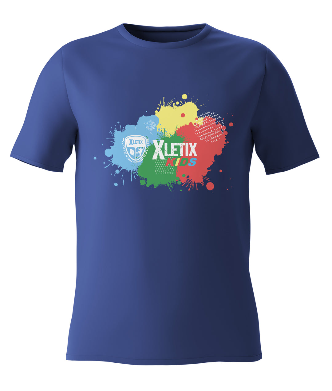 Blaues T-Shirt mit farbenfrohen Farbklecks-Grafiken in Blau, Gelb, Grün und Rot sowie XLETIX Kids-Logo auf der Brust.
