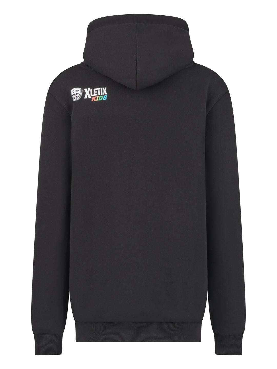 Rückseite eines schwarzen Hoodies mit kleinem XLETIX Kids-Logo unter der Kapuze oben links.