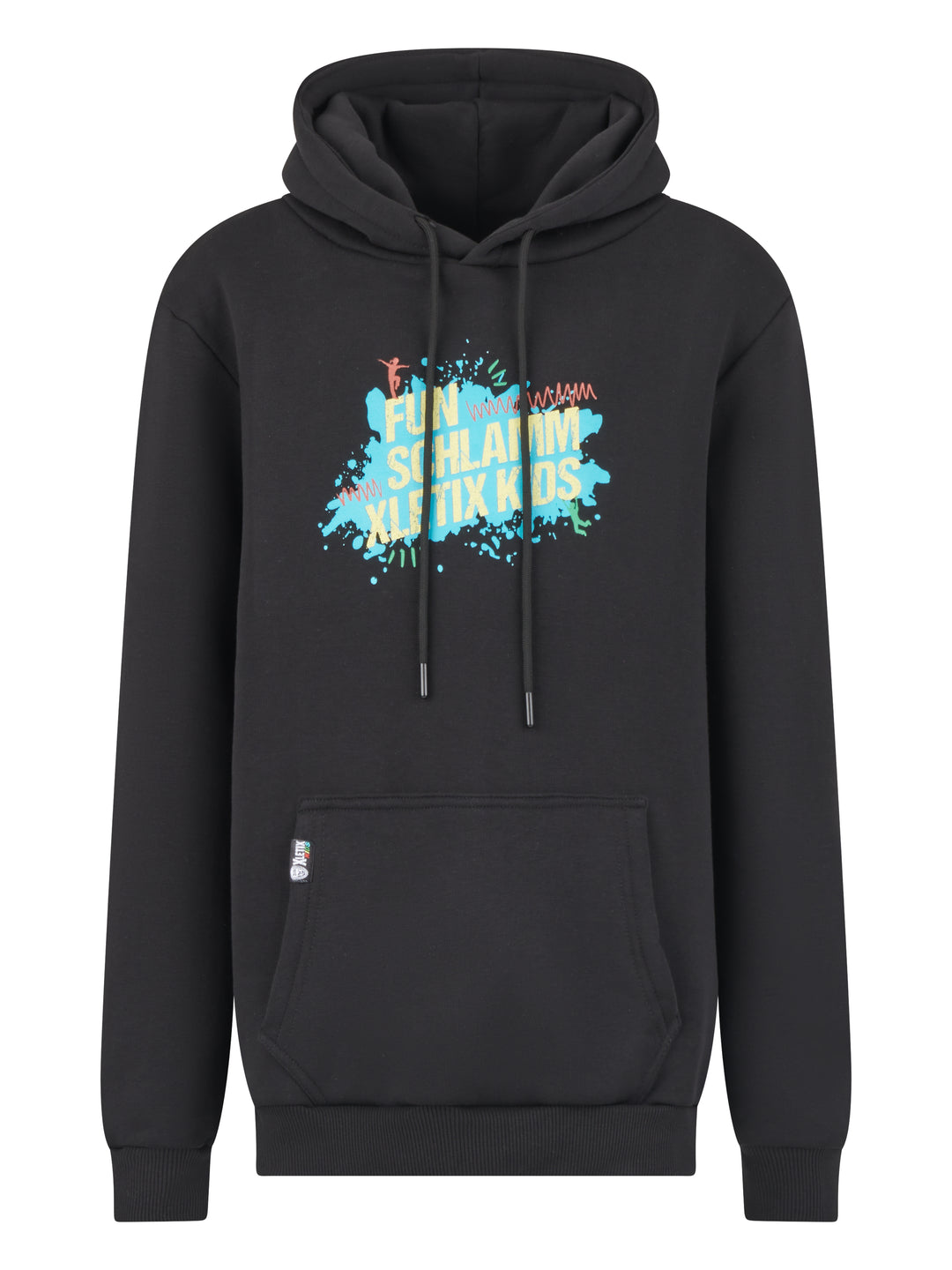 Schwarzer Hoodie mit Kängurutasche und farbigem „FUN SCHLAMM XLETIX KIDS“-Print auf blauer Grafik.
