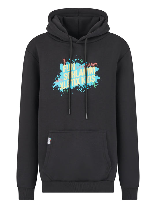 Schwarzer Hoodie mit Kängurutasche und farbigem „FUN SCHLAMM XLETIX KIDS“-Print auf blauer Grafik.