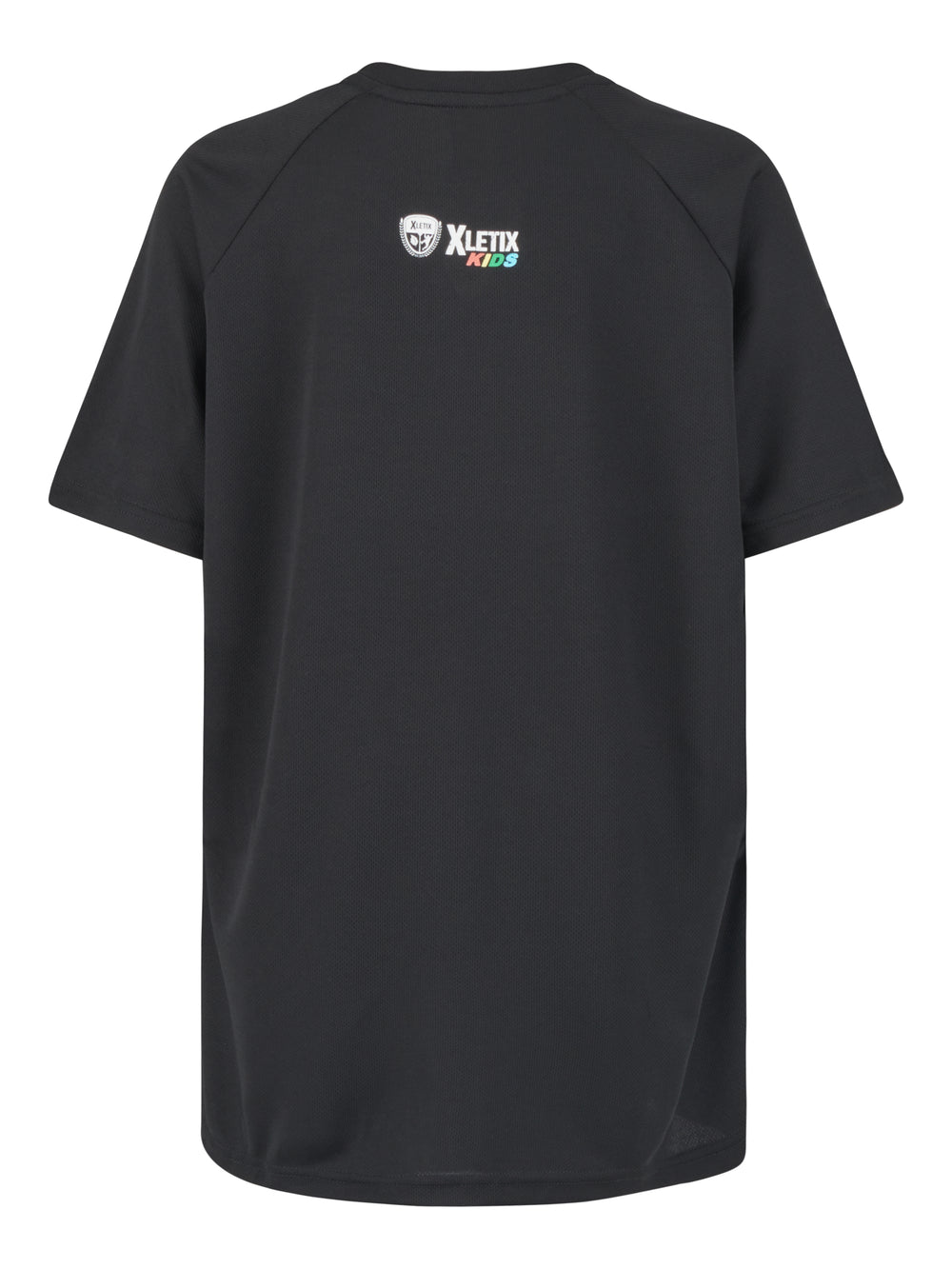 Rückansicht des schwarzen Funktionsshirts mit kleinem XLETIX Kids-Logo oben unterhalb des Kragens.