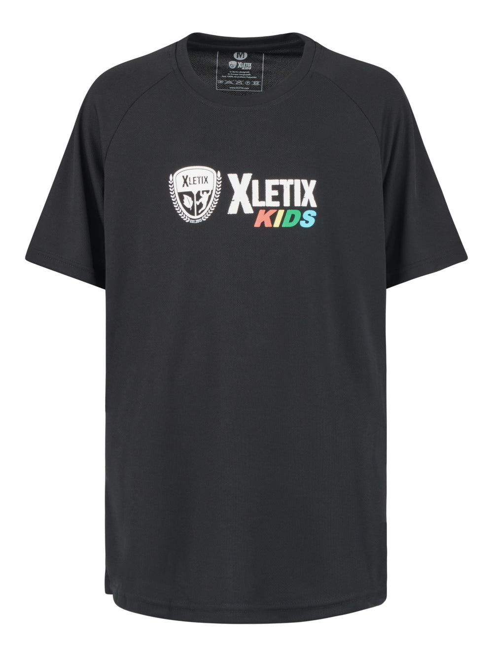 Schwarzes, kurzärmeliges Funktionsshirt mit dem XLETIX Kids-Logo mittig auf der Brust.