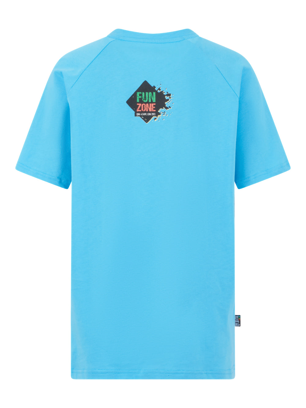 Rückansicht des hellblauen T-Shirts mit kleiner Rauten-Grafik und dem gleichen Schriftzug „FUN ZONE – EIN TEAM. EIN ZIEL.“ mittig unterhalb des Halsausschnitts.