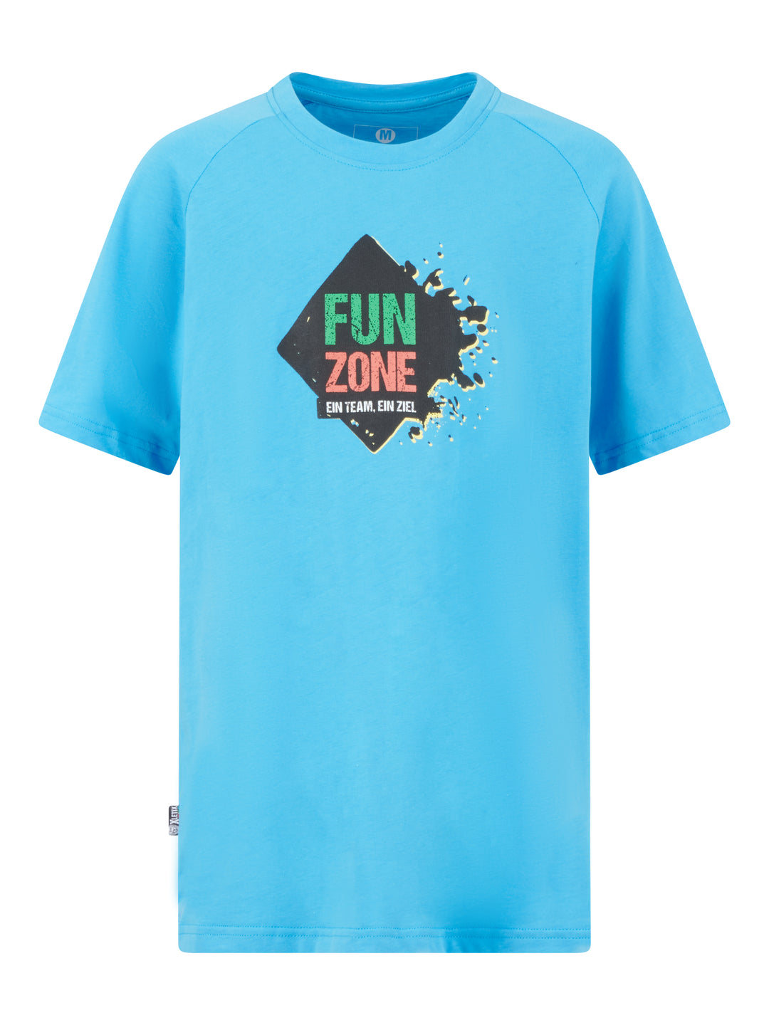 Hellblaues T-Shirt mit schwarzer Rautenform in der Mitte und dem Schriftzug „FUN ZONE – EIN TEAM. EIN ZIEL.“ in grün, orange und weiß.