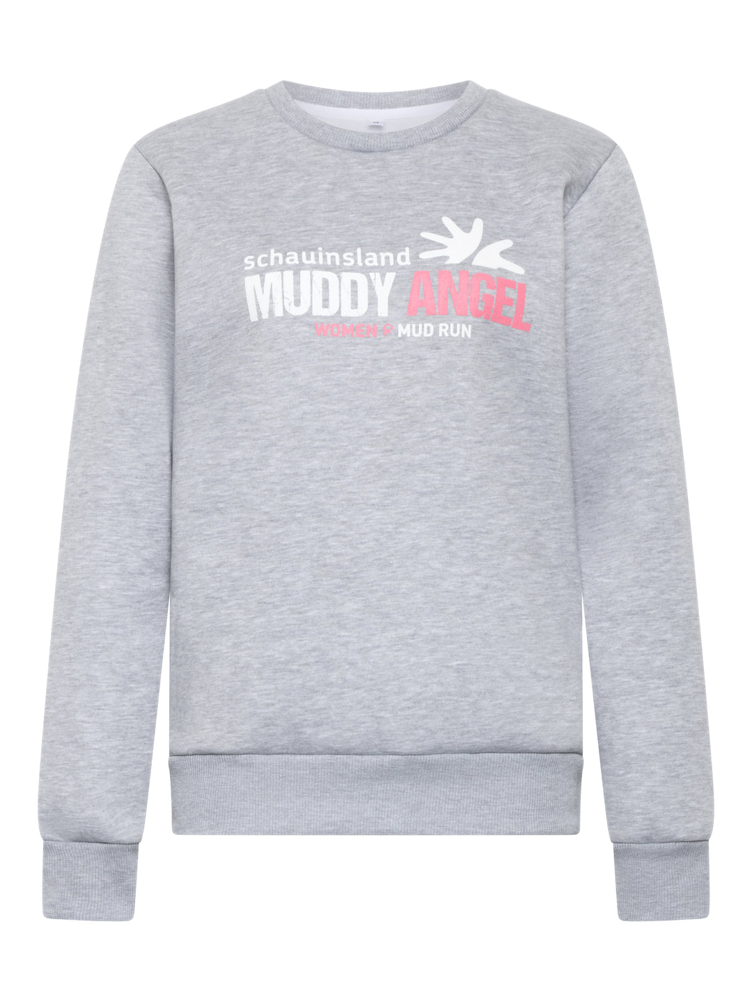Grauer Sweatshirt-Pullover mit Rundhalsausschnitt. Auf der Brust in weiß und pink das Logo „schauinsland Muddy Angel – Women’s Mud Run“.