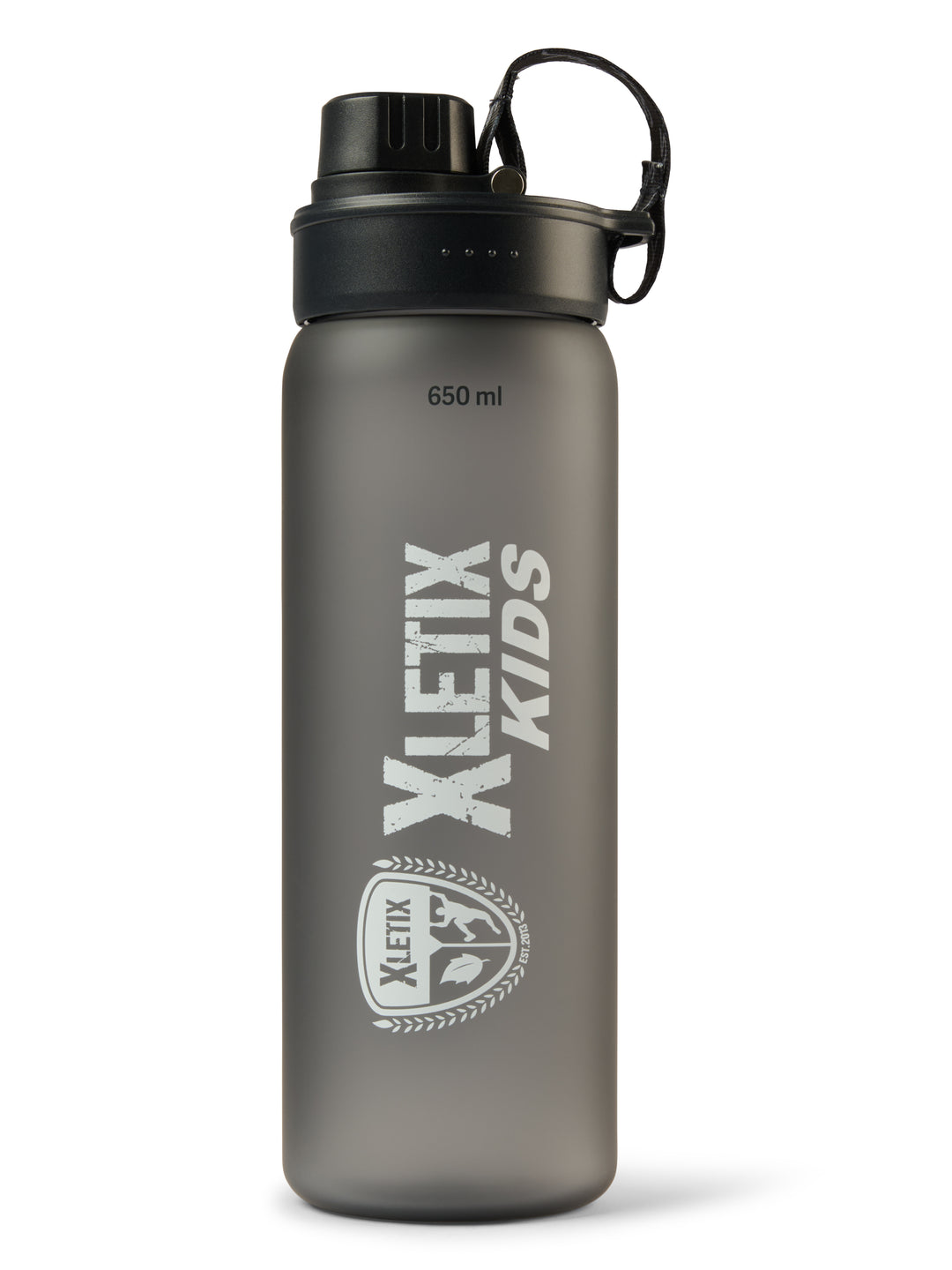 Graue Trinkflasche mit schwarzem Deckel, weißem XLETIX Kids-Logo und 650-ml-Angabe vorn.
