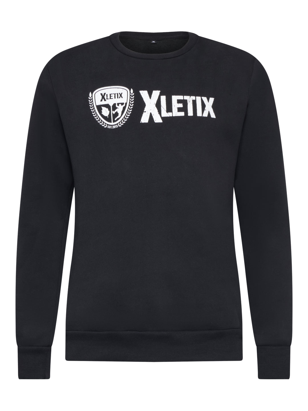 Schwarzer Pullover mit rundem Halsausschnitt und weiß aufgedrucktem XLETIX-Logo mittig auf der Brust.