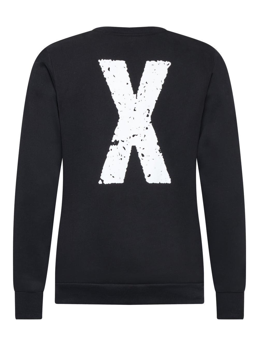 Schwarzer Pullover mit großem, weißen „X“-Print mittig auf dem Rücken.