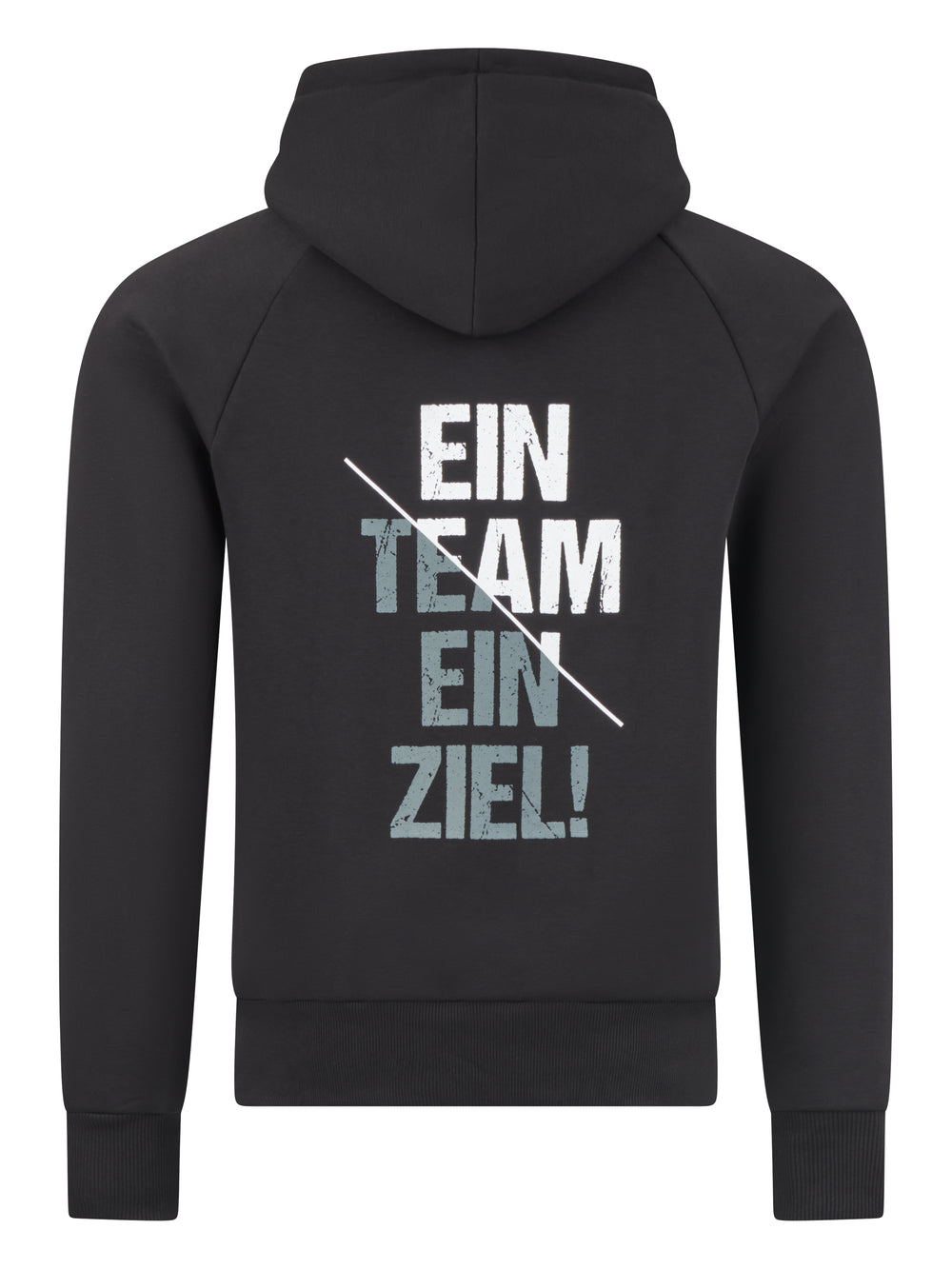 Schwarzer Hoodie mit diagonal geteilter Aufschrift „EIN TEAM, EIN ZIEL!“ in Weiß und Grauauf dem Rücken