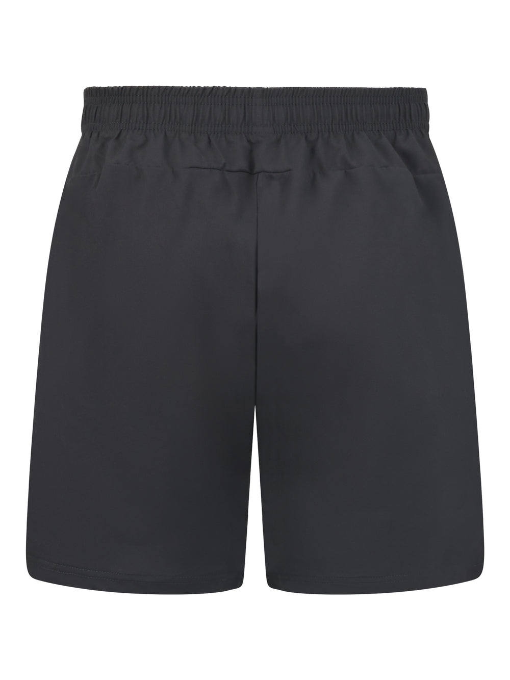 Rückansicht der schwarzen Laufshorts mit elastischem Bund und schlichter Rückseite.