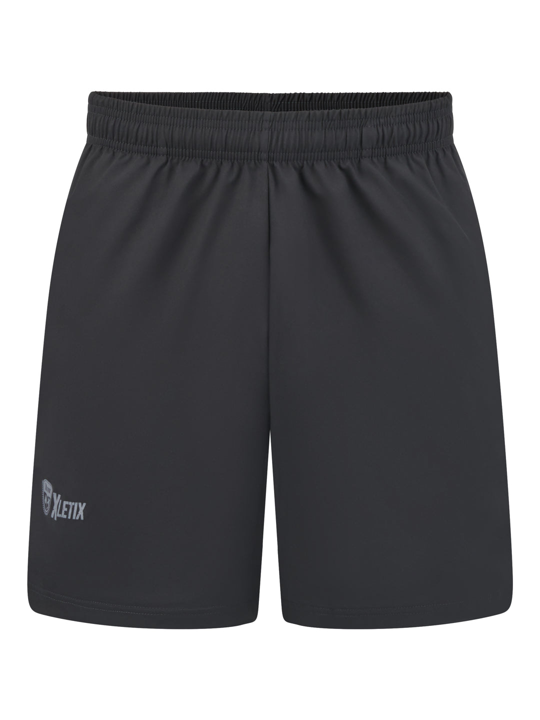 Schwarze Laufshorts mit elastischem Bund, mittigem weißen XLETIX-Logo auf dem rechten Oberschenkel.