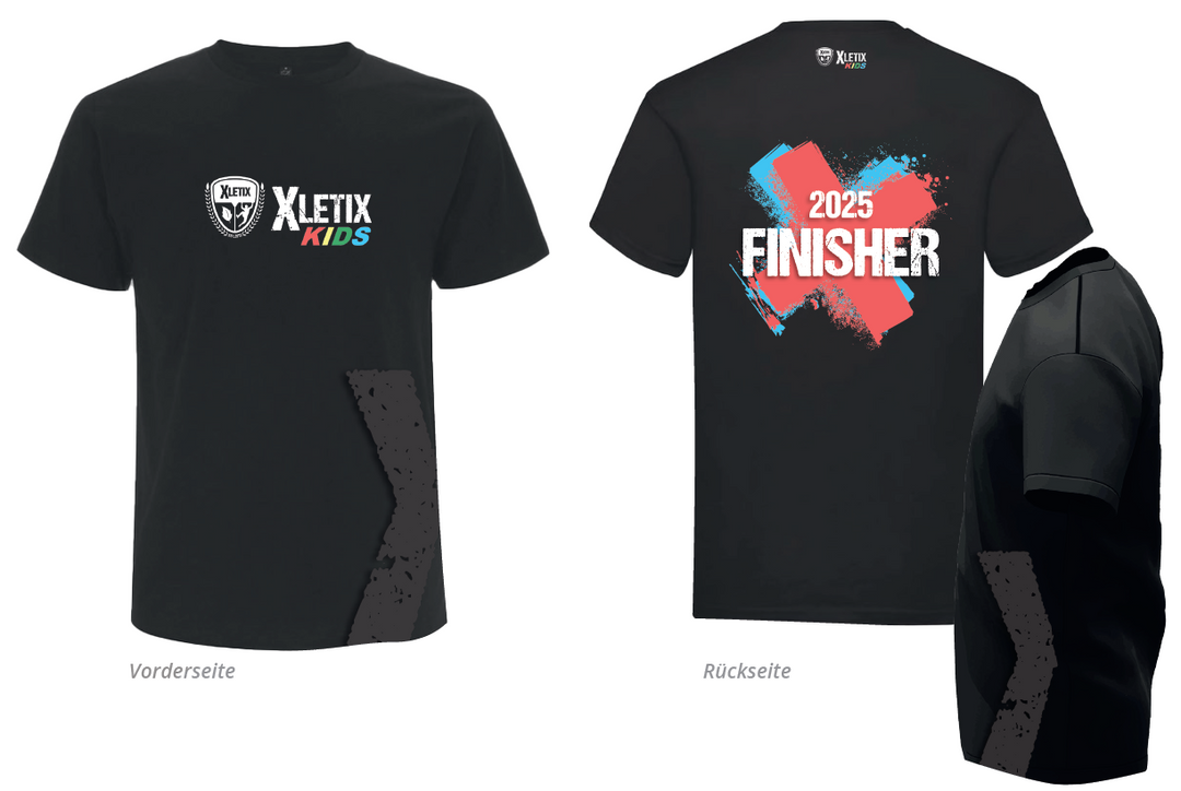 Schwarzes T-Shirt mit XLETIX Kids-Logo auf der Brust und großem „2025 FINISHER“-Schriftzug mit bunter X-Grafik auf dem Rücken.